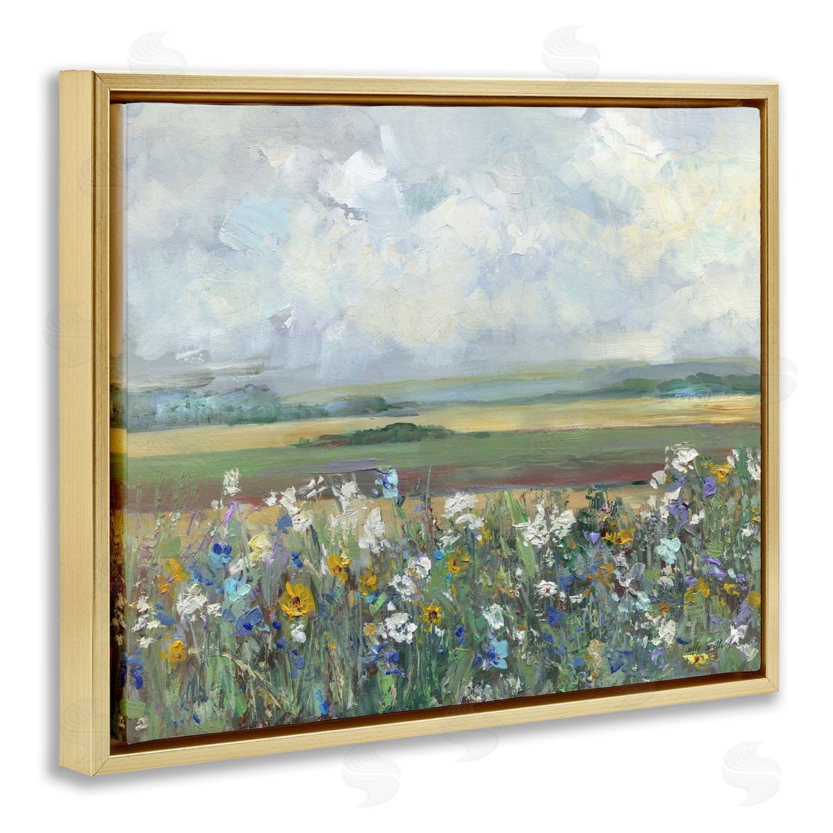 County Meadow Clouds Overhead Gold Floating Frame Canvas Wall Art, Home Decor by Sally Swatland