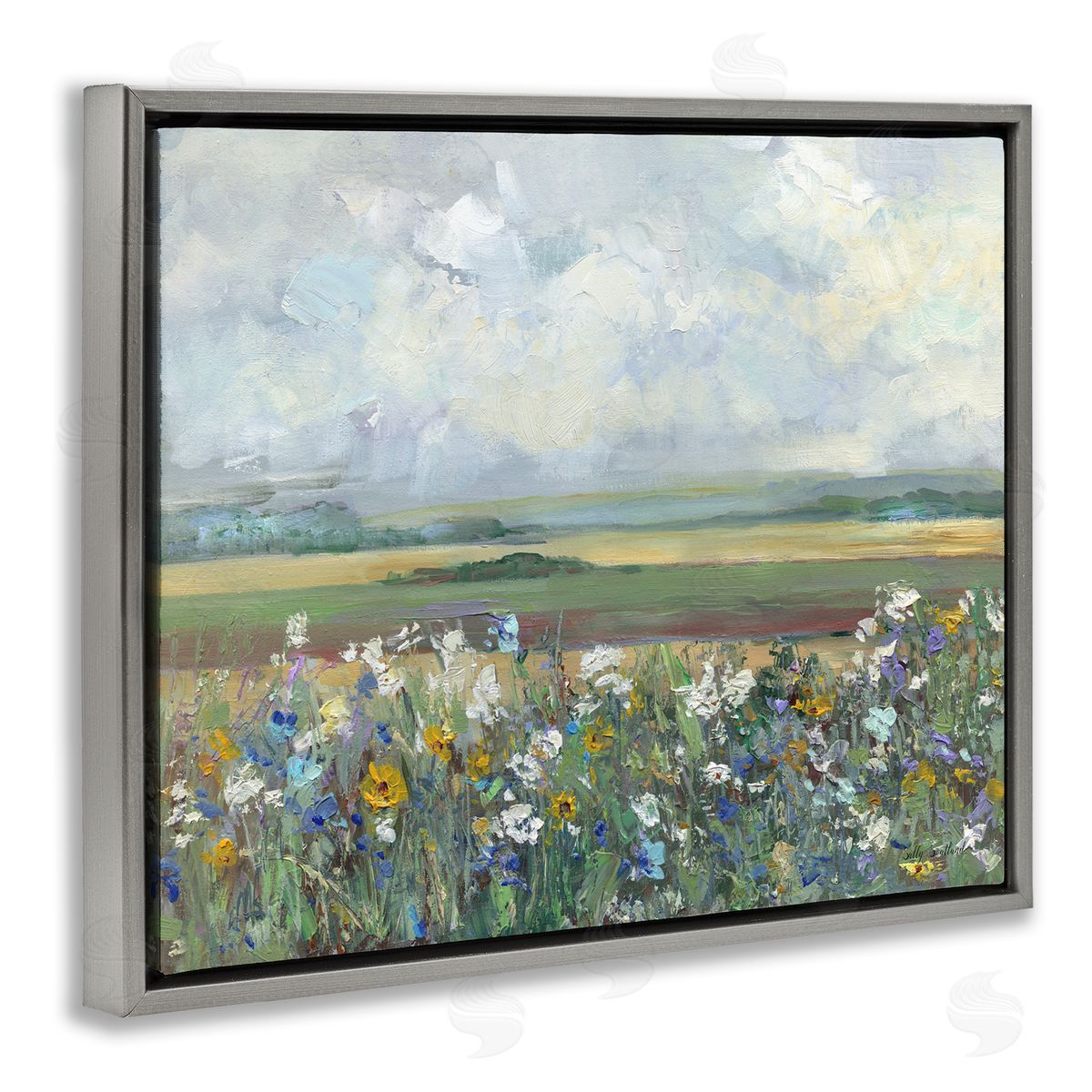 County Meadow Clouds Overhead Grey Floating Frame Canvas Wall Art, Home Decor by Sally Swatland