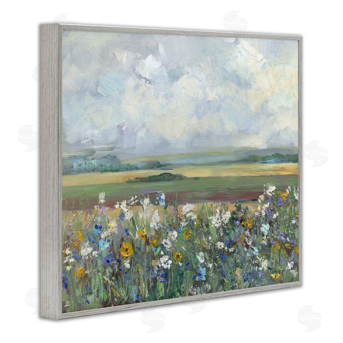 County Meadow Clouds Overhead Grey Frame Print Wall Art, Home Decor by Sally Swatland