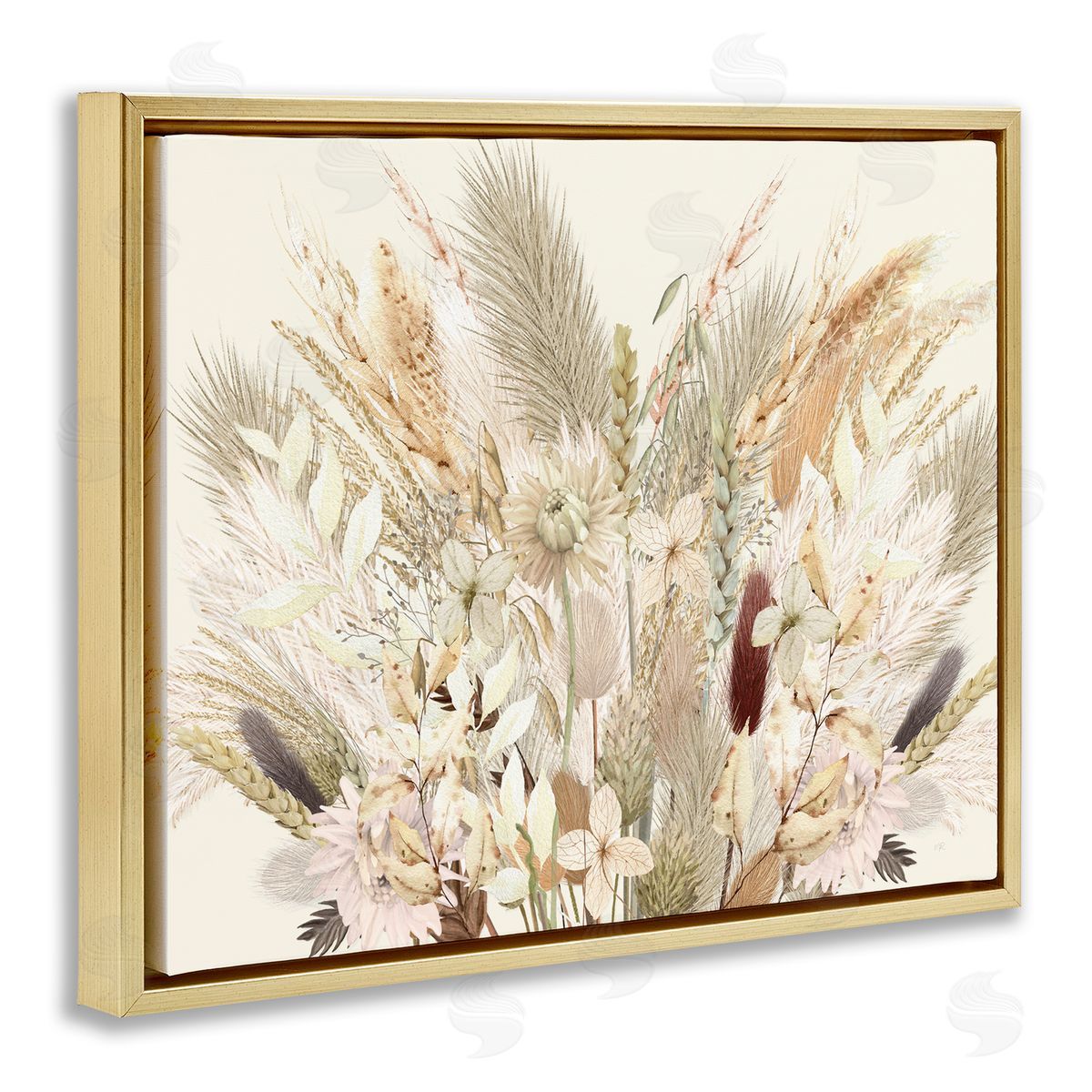 Natural Wheat & Country Herbs Gold Floating Frame Canvas Wall Art, Home Decor by Val Rhodes