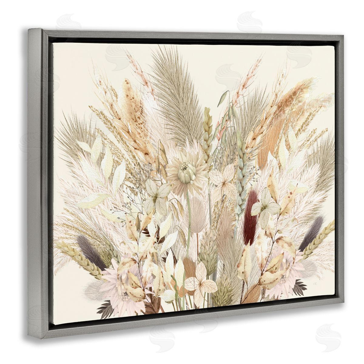 Natural Wheat & Country Herbs Grey Floating Frame Canvas Wall Art, Home Decor by Val Rhodes