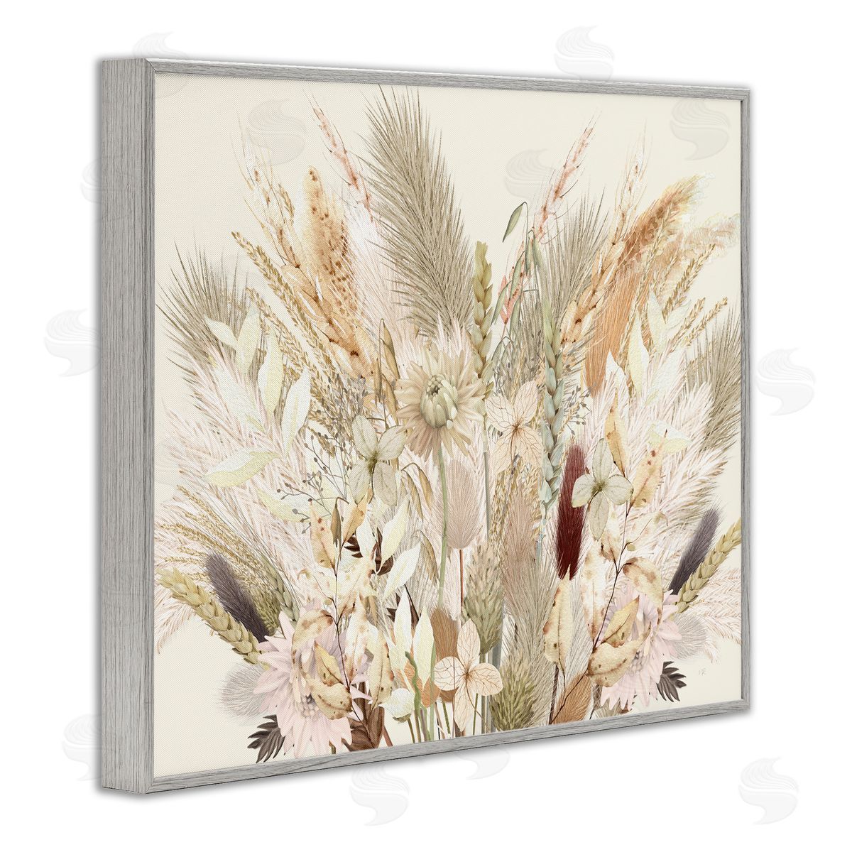Natural Wheat & Country Herbs Grey Frame Print Wall Art, Home Decor by Val Rhodes