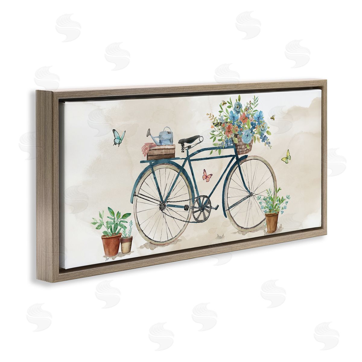 Garden Bicycle & Florals Brown Floating Frame Canvas Wall Art, Home Decor by Nan