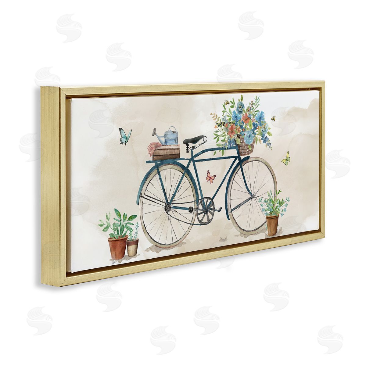 Garden Bicycle & Florals Gold Floating Frame Canvas Wall Art, Home Decor by Nan
