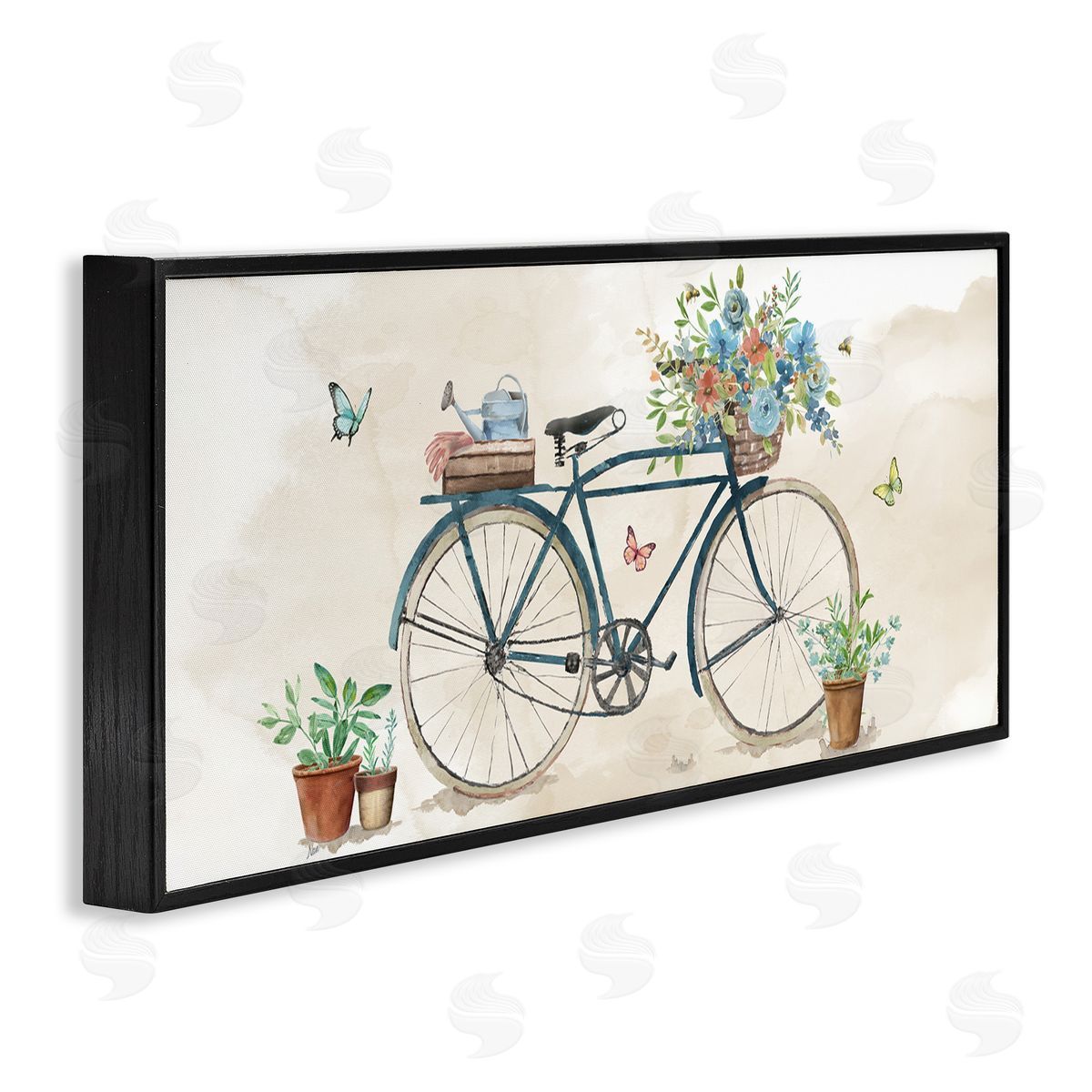 Garden Bicycle & Florals Black Frame Print Wall Art, Home Decor by Nan