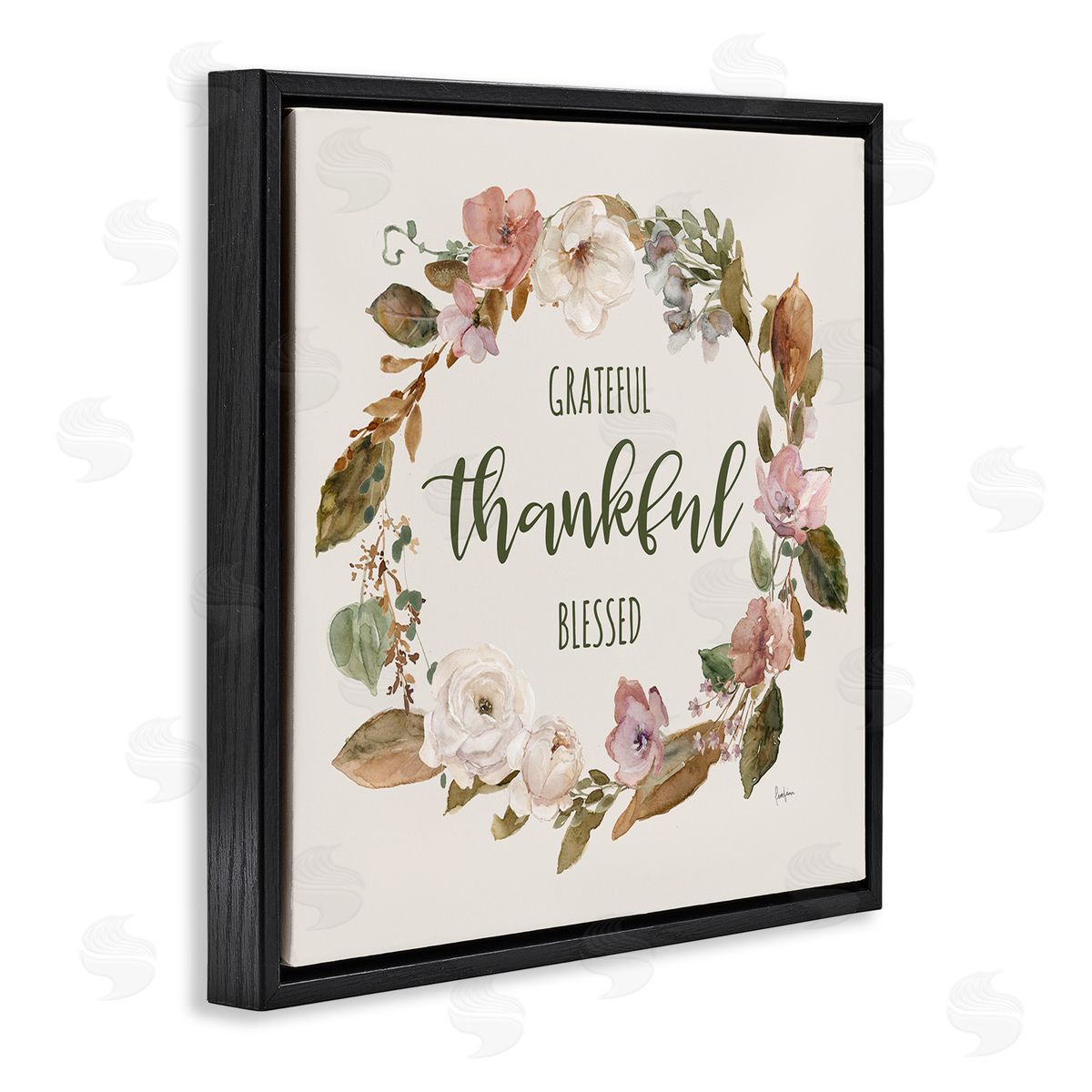 Elegant Gratitude Wreath Black Floating Frame Canvas Wall Art, Home Decor by Livi Finn