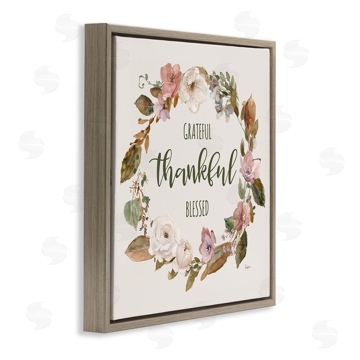 Elegant Gratitude Wreath Brown Floating Frame Canvas Wall Art, Home Decor by Livi Finn