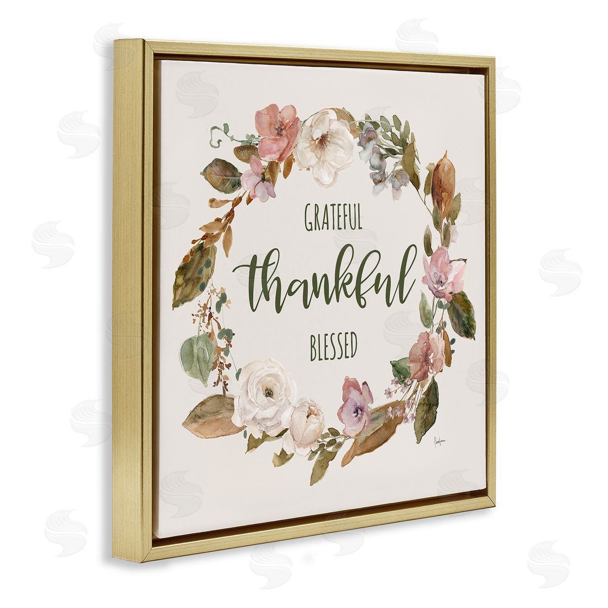 Elegant Gratitude Wreath Gold Floating Frame Canvas Wall Art, Home Decor by Livi Finn