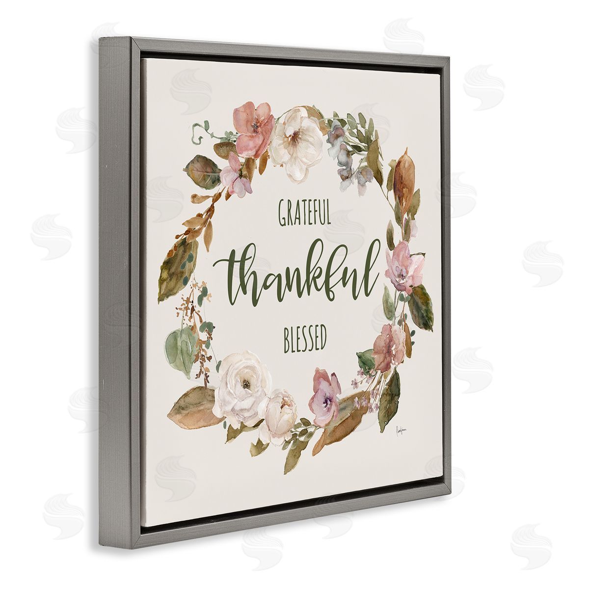 Elegant Gratitude Wreath Grey Floating Frame Canvas Wall Art, Home Decor by Livi Finn