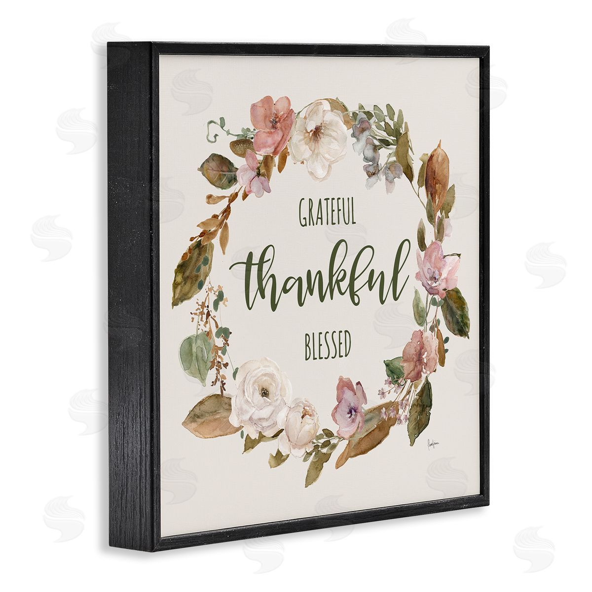 Elegant Gratitude Wreath Black Frame Print Wall Art, Home Decor by Livi Finn