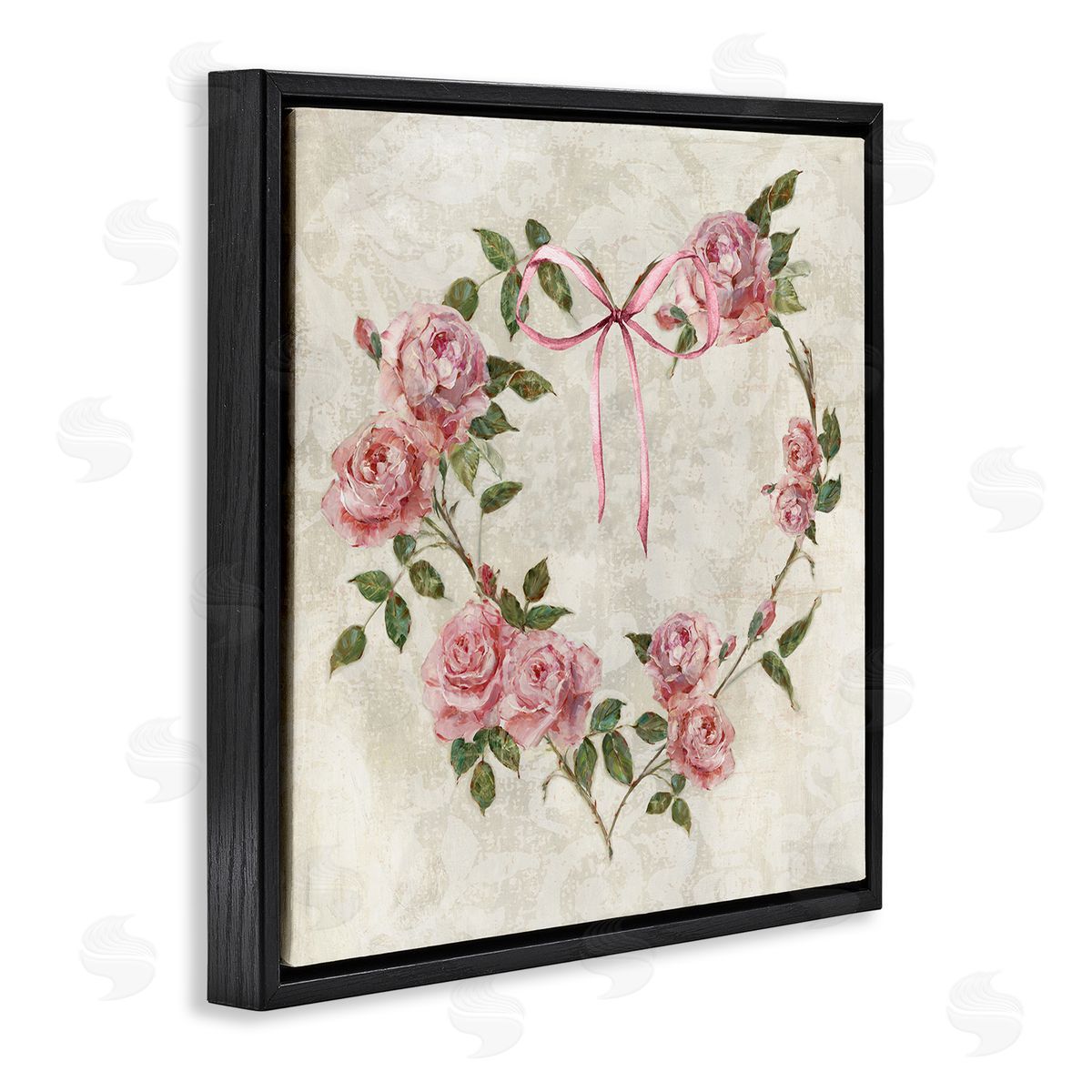 Rose Heart Wreath Black Floating Frame Canvas Wall Art, Home Decor by Sally Swatland