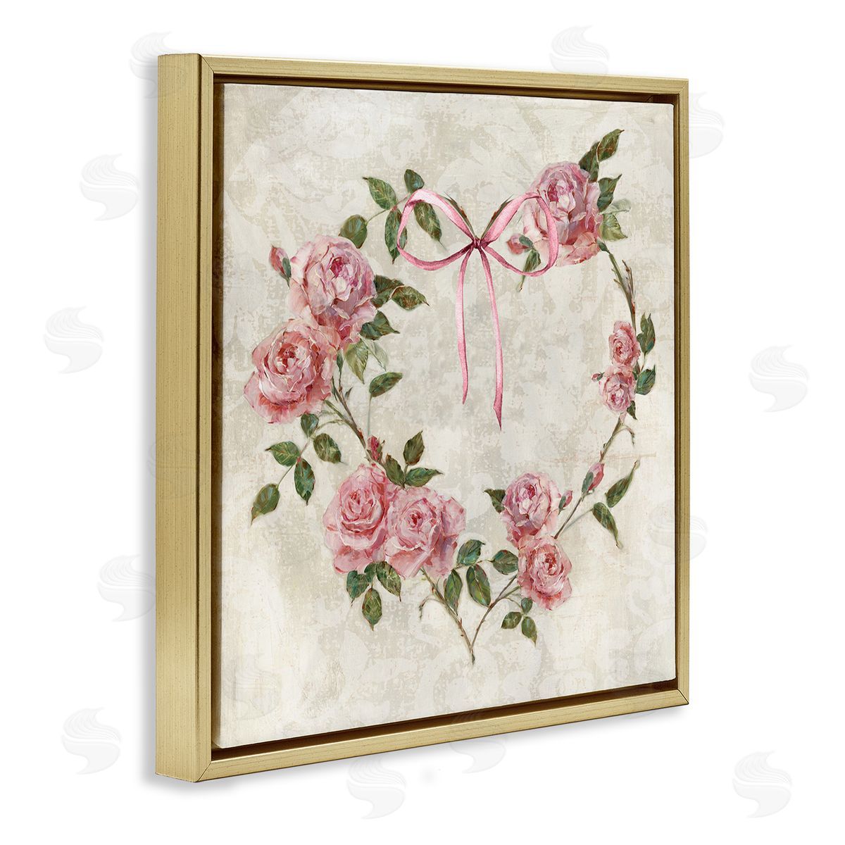 Rose Heart Wreath Gold Floating Frame Canvas Wall Art, Home Decor by Sally Swatland
