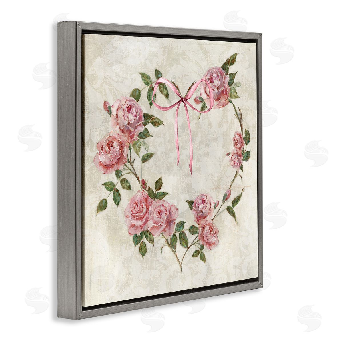 Rose Heart Wreath Grey Floating Frame Canvas Wall Art, Home Decor by Sally Swatland