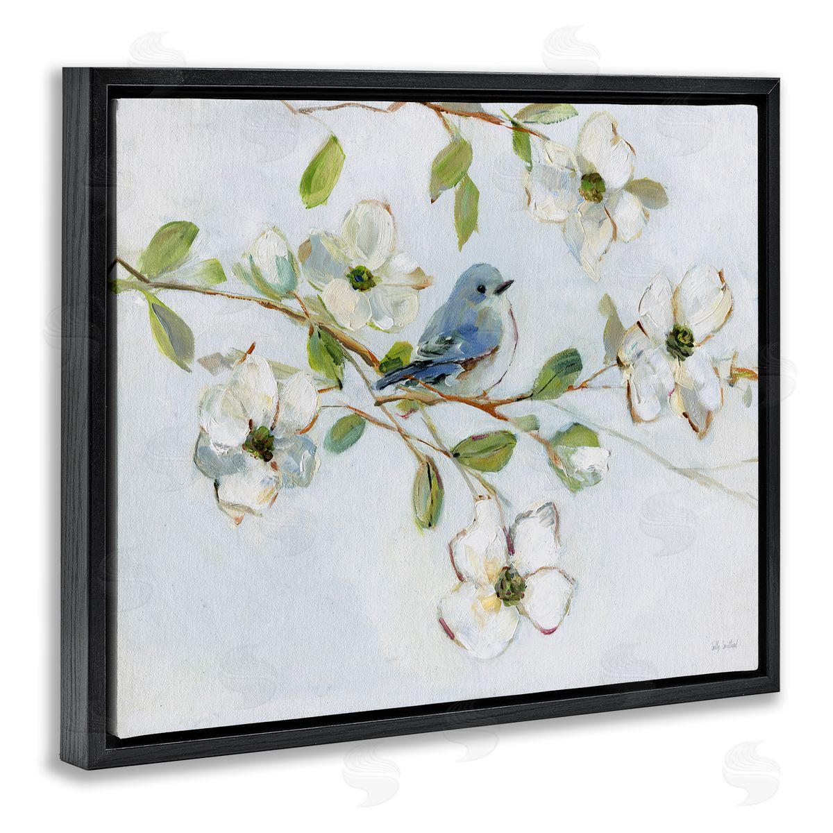 Bird Perched on Dogwood Black Floating Frame Canvas Wall Art, Home Decor by Sally Swatland