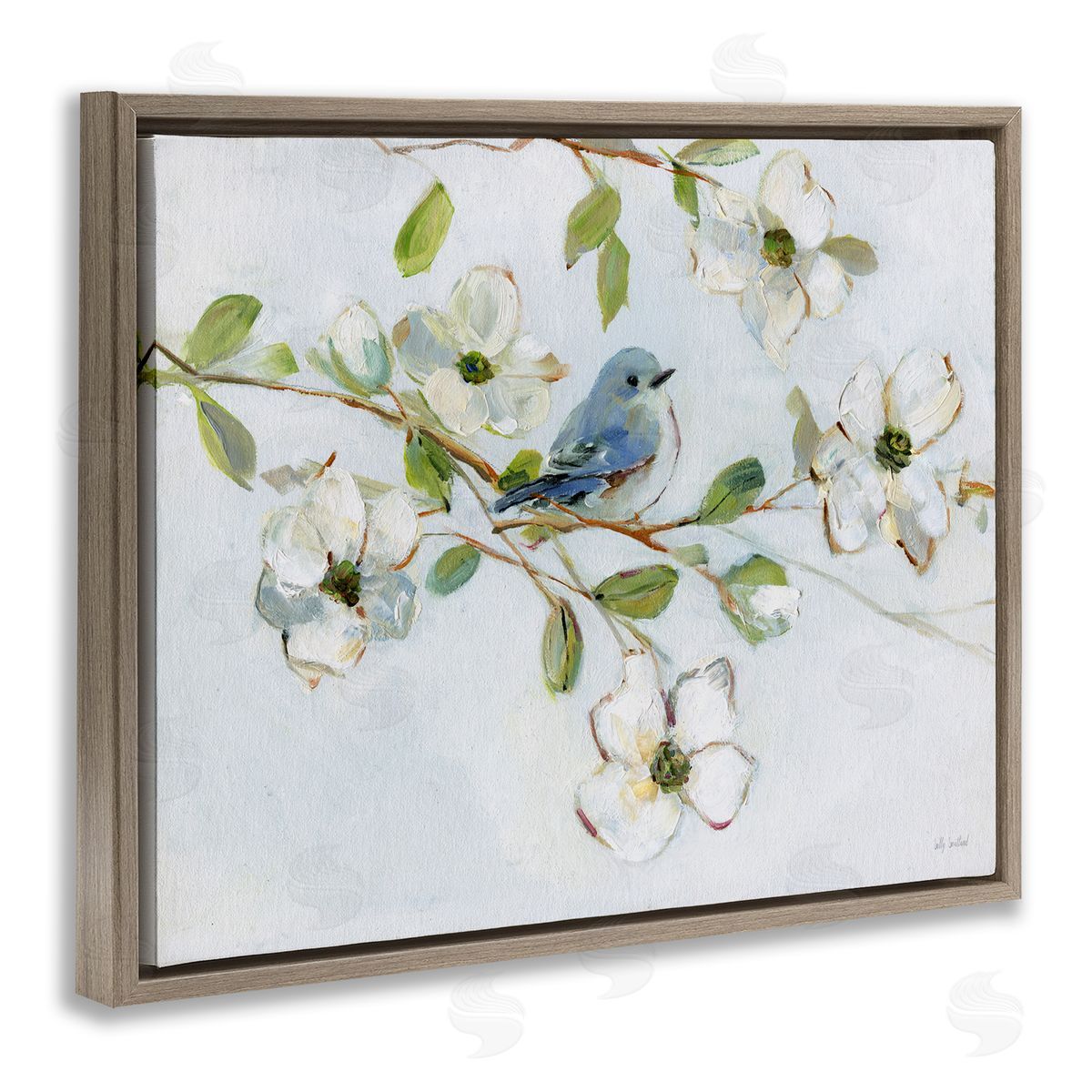 Bird Perched on Dogwood Brown Floating Frame Canvas Wall Art, Home Decor by Sally Swatland