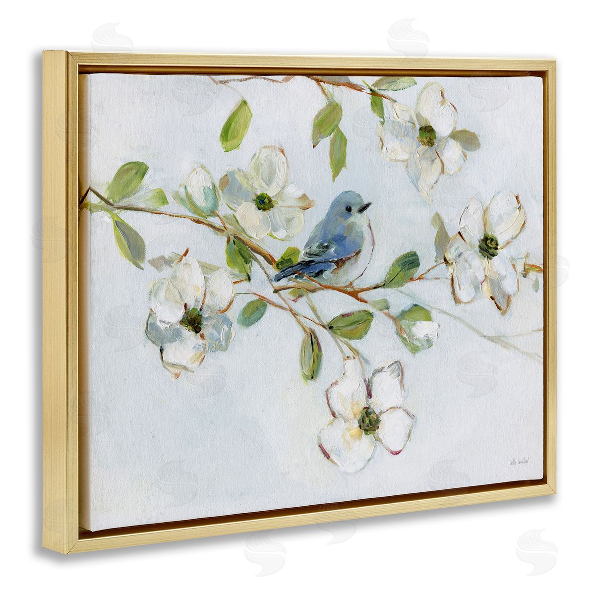 Bird Perched on Dogwood Gold Floating Frame Canvas Wall Art, Home Decor by Sally Swatland