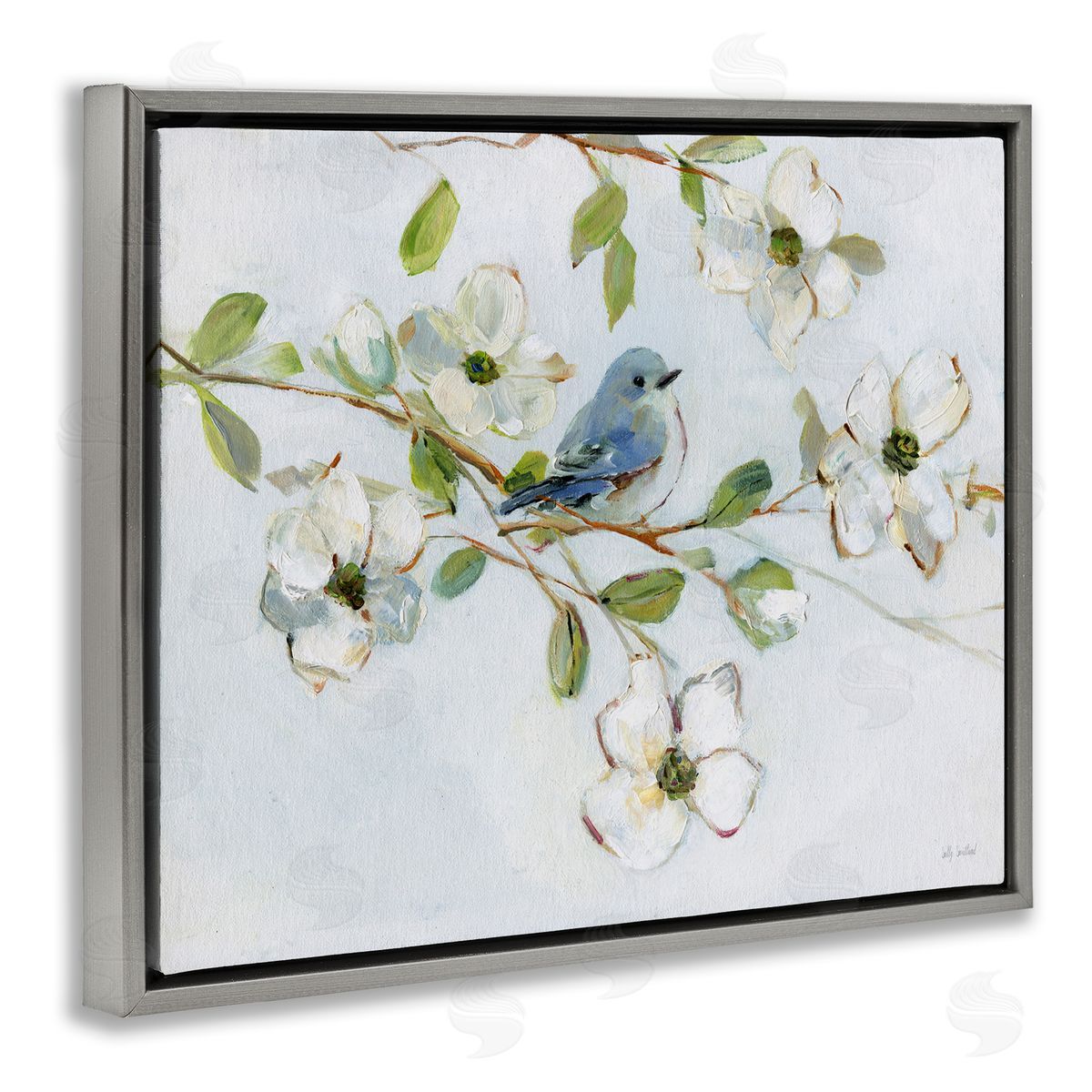 Bird Perched on Dogwood Grey Floating Frame Canvas Wall Art, Home Decor by Sally Swatland