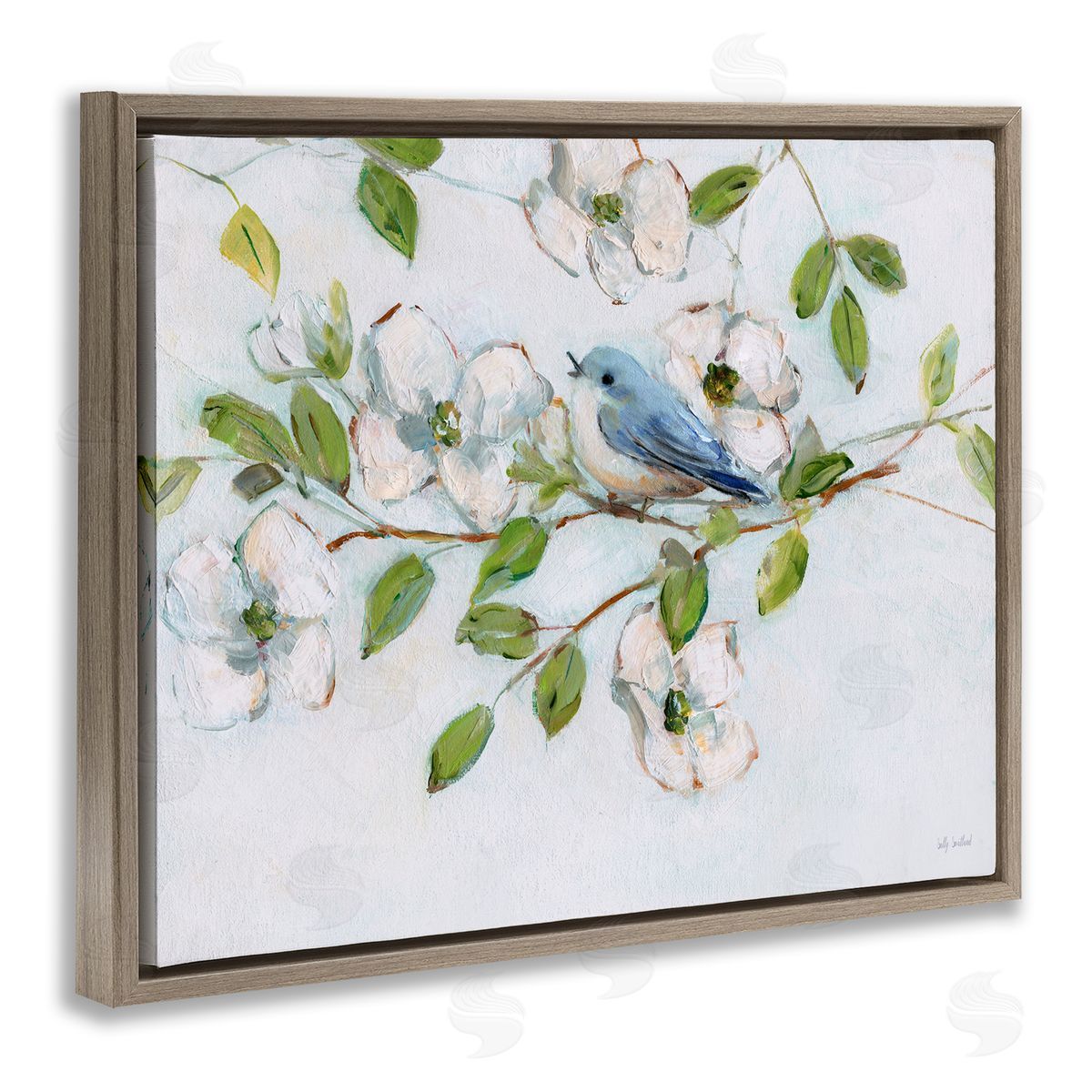 Bluebird on Dogwood Branch Brown Floating Frame Canvas Wall Art, Home Decor by Sally Swatland