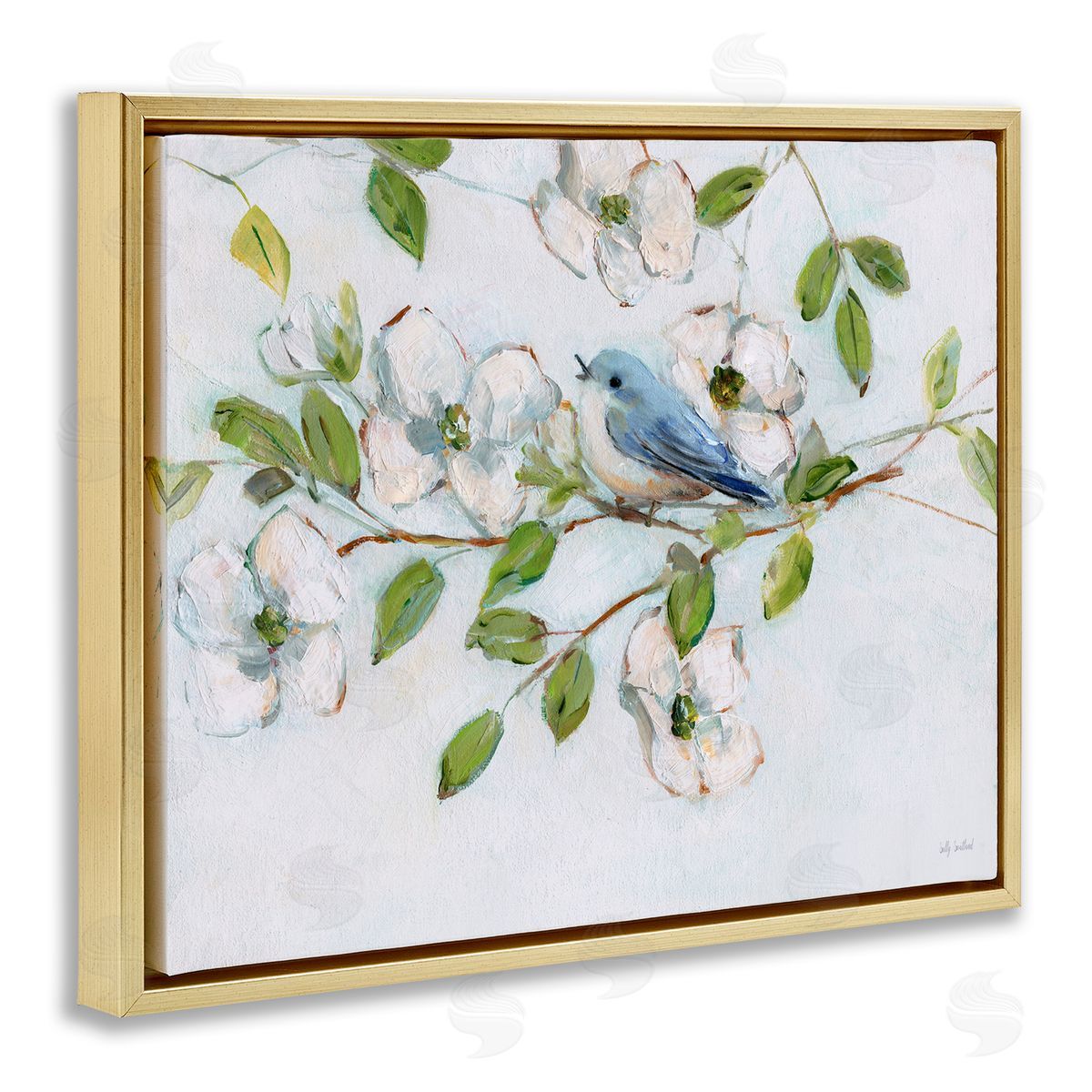 Bluebird on Dogwood Branch Gold Floating Frame Canvas Wall Art, Home Decor by Sally Swatland