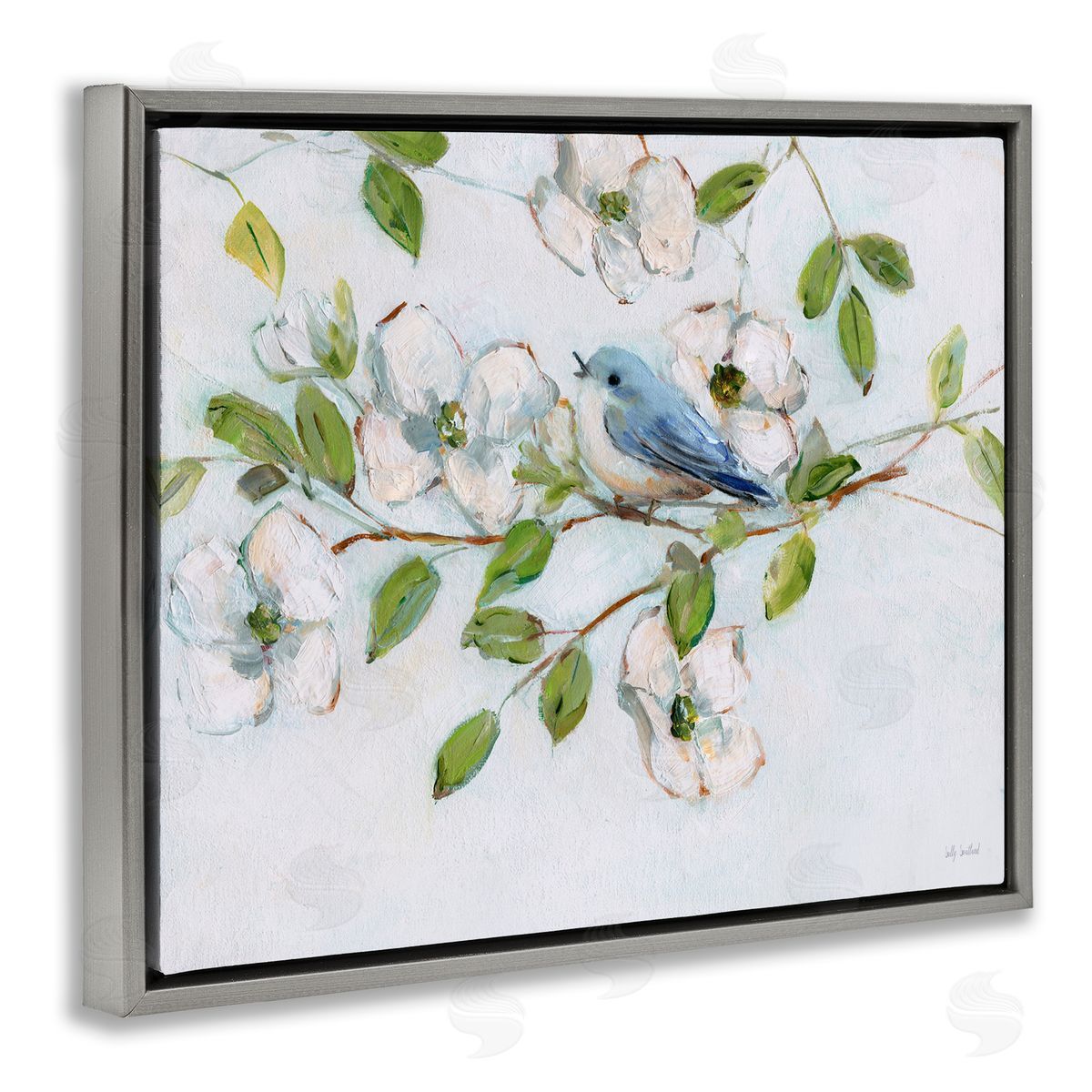 Bluebird on Dogwood Branch Grey Floating Frame Canvas Wall Art, Home Decor by Sally Swatland