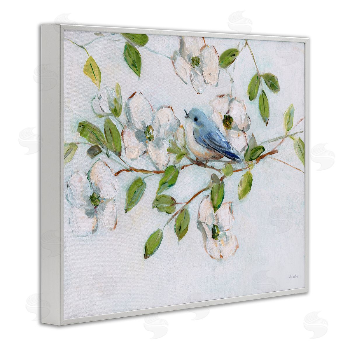 Bluebird on Dogwood Branch White Frame Print Wall Art, Home Decor by Sally Swatland