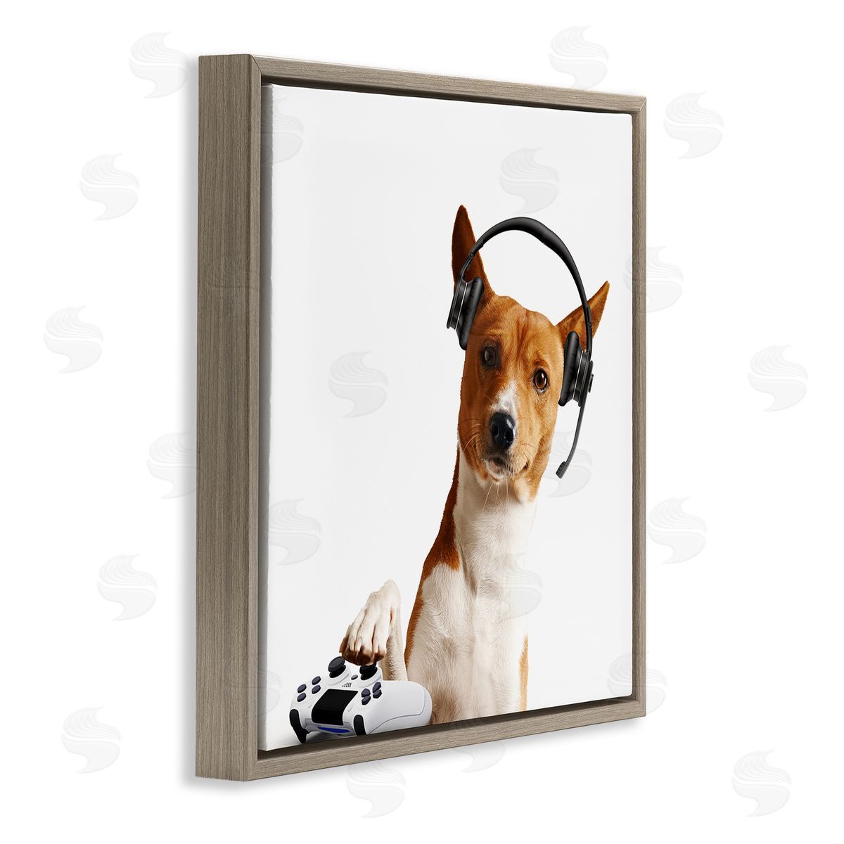 Gaming Dog with Headset Brown Floating Frame Canvas Wall Art, Home Decor by CAD Designs