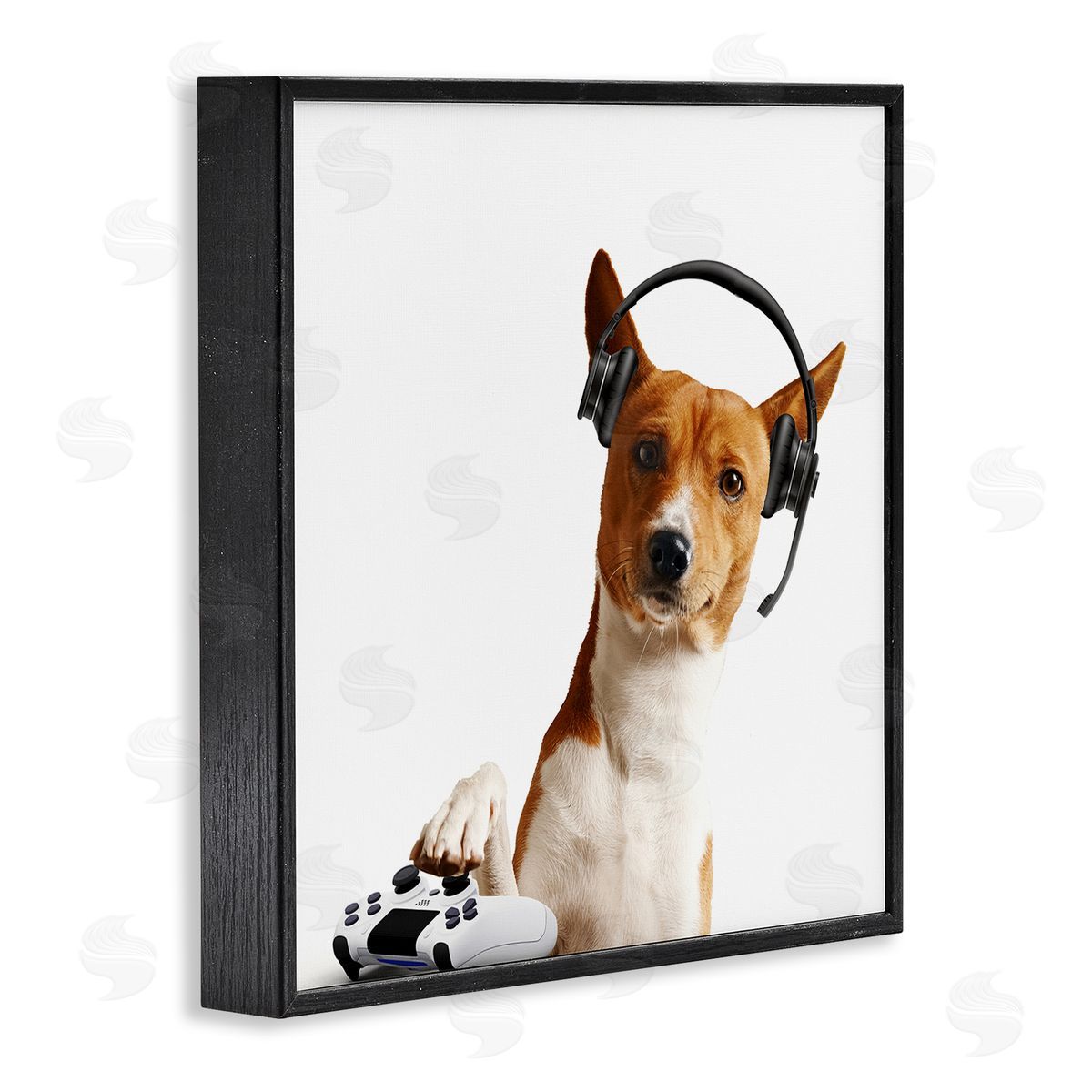 Gaming Dog with Headset Black Frame Print Wall Art, Home Decor by CAD Designs
