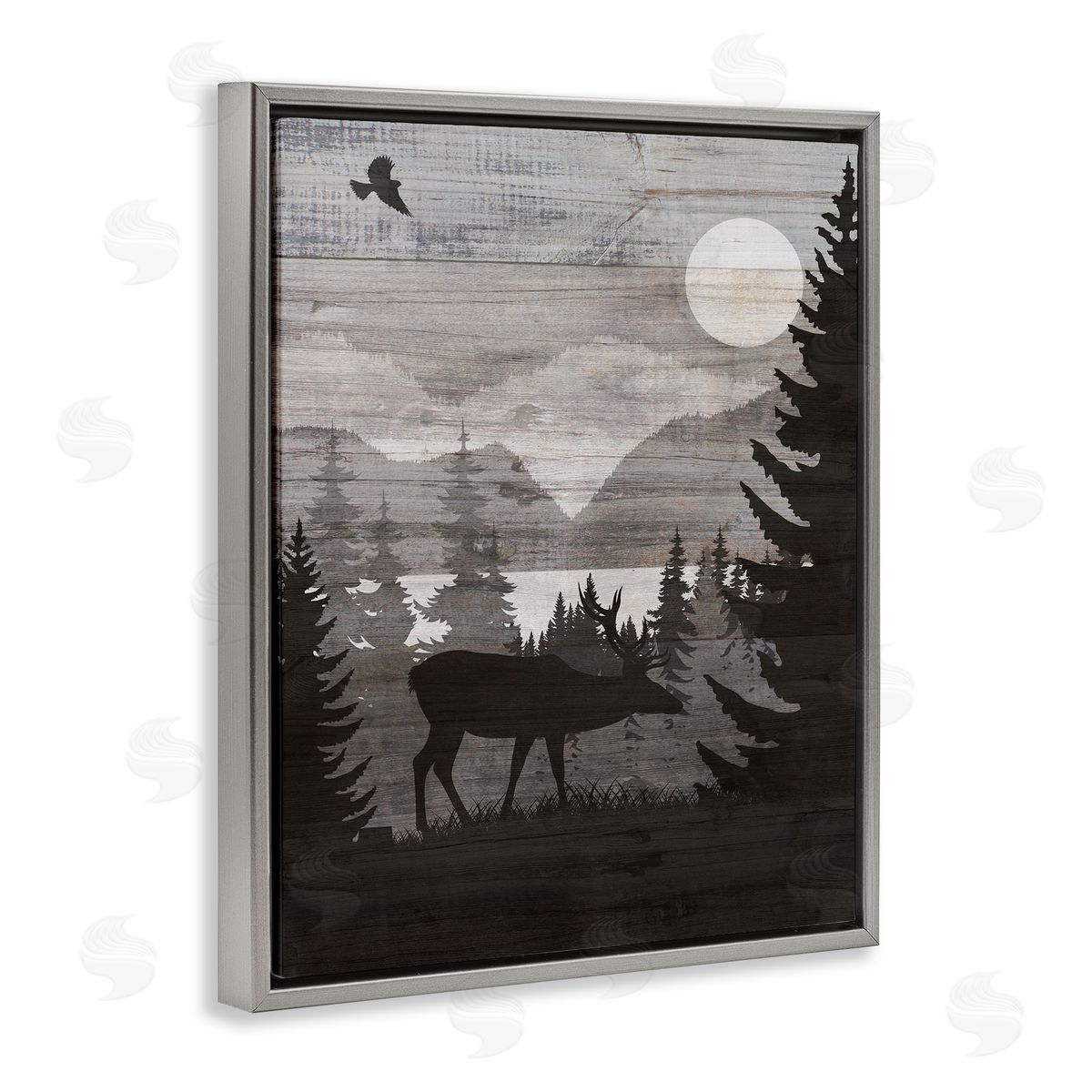 Rustic Moose at Night Grey Floating Frame Canvas Wall Art, Home Decor by Susan Arnot