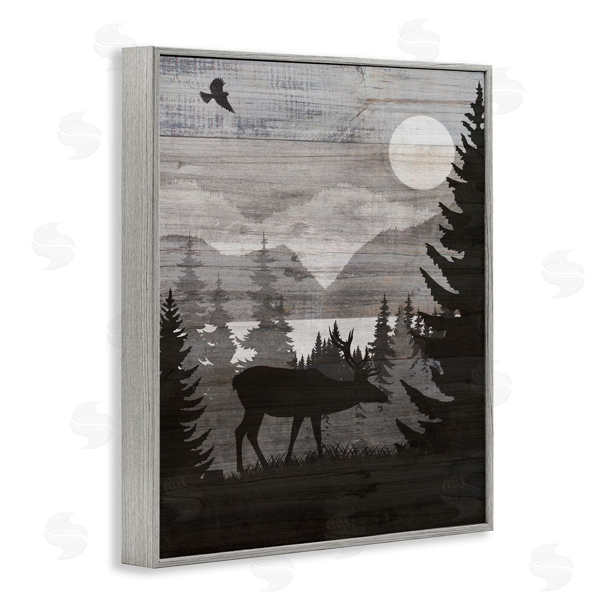 Rustic Moose at Night Grey Frame Print Wall Art, Home Decor by Susan Arnot