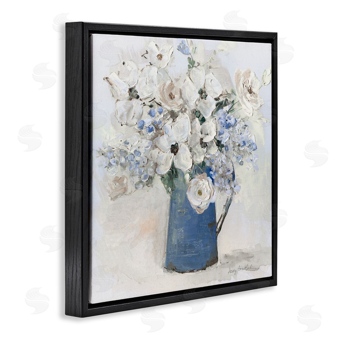 Bouquet in Blue Country Vase Black Floating Frame Canvas Wall Art, Home Decor by Sally Swatland