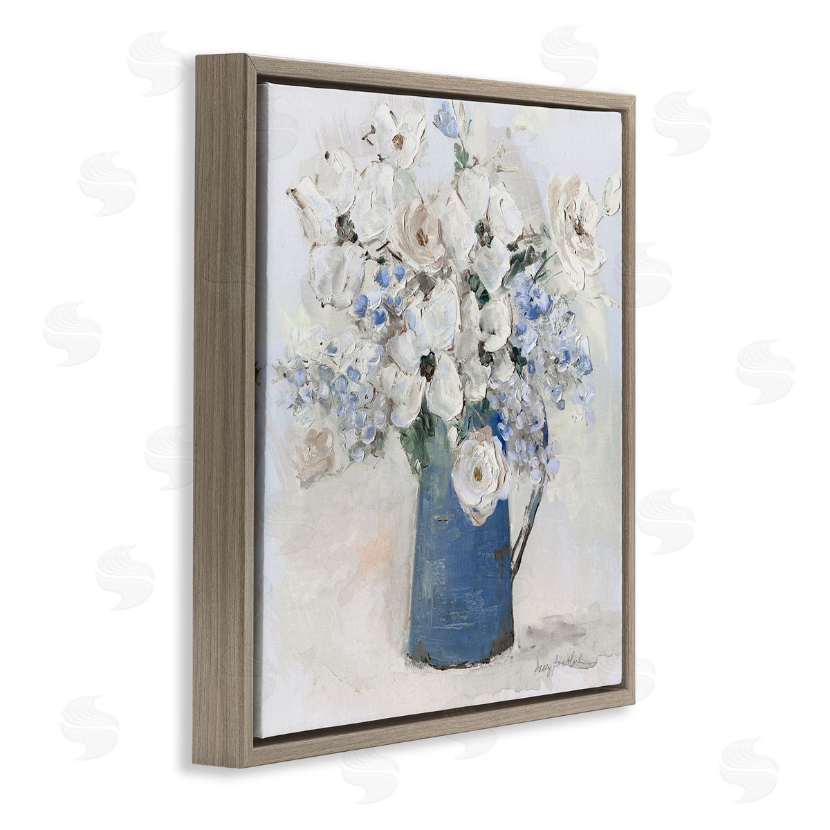 Bouquet in Blue Country Vase Brown Floating Frame Canvas Wall Art, Home Decor by Sally Swatland