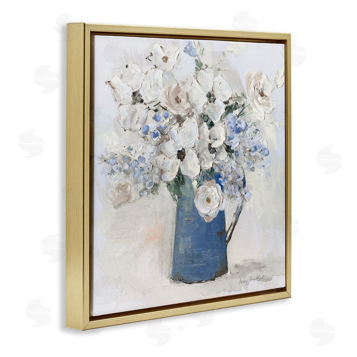 Bouquet in Blue Country Vase Gold Floating Frame Canvas Wall Art, Home Decor by Sally Swatland