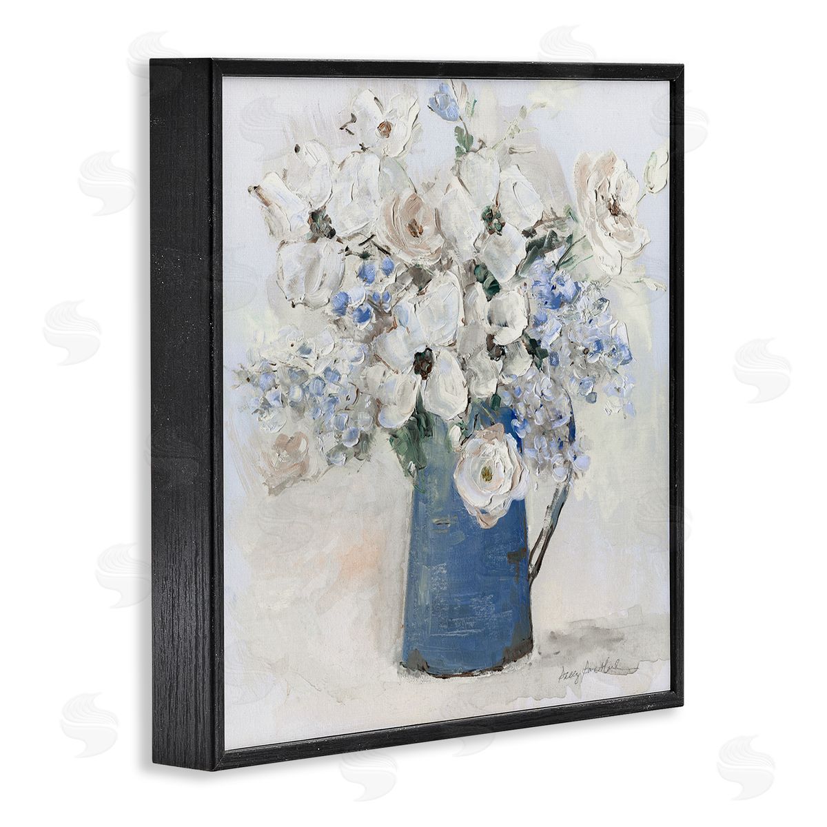 Bouquet in Blue Country Vase Black Frame Print Wall Art, Home Decor by Sally Swatland