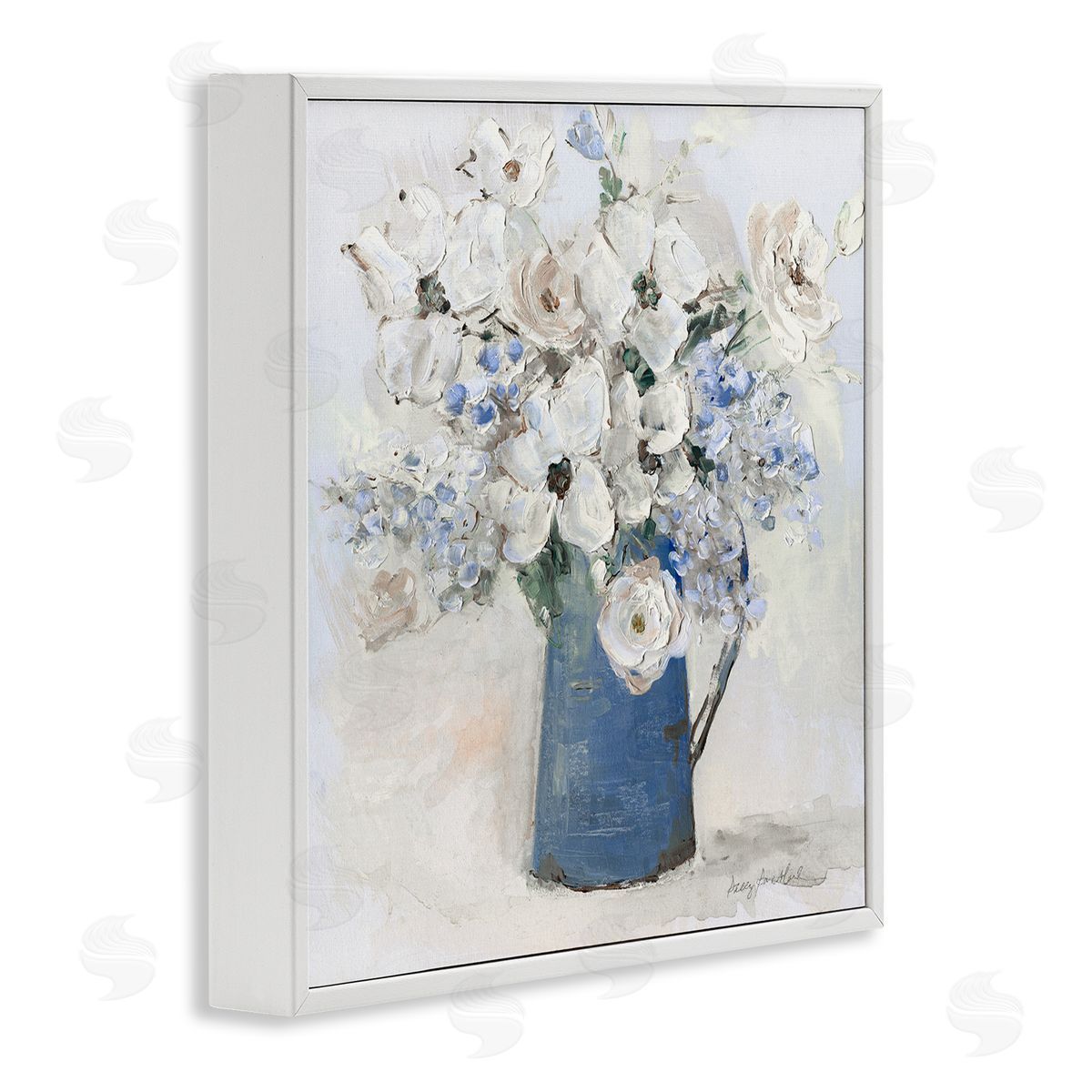 Bouquet in Blue Country Vase White Frame Print Wall Art, Home Decor by Sally Swatland