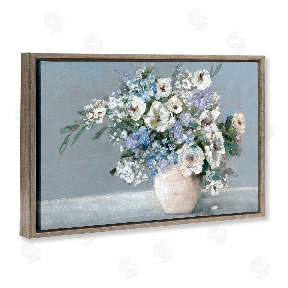 Elegant Blooms on Blue Brown Floating Frame Canvas Wall Art, Home Decor by Sally Swatland