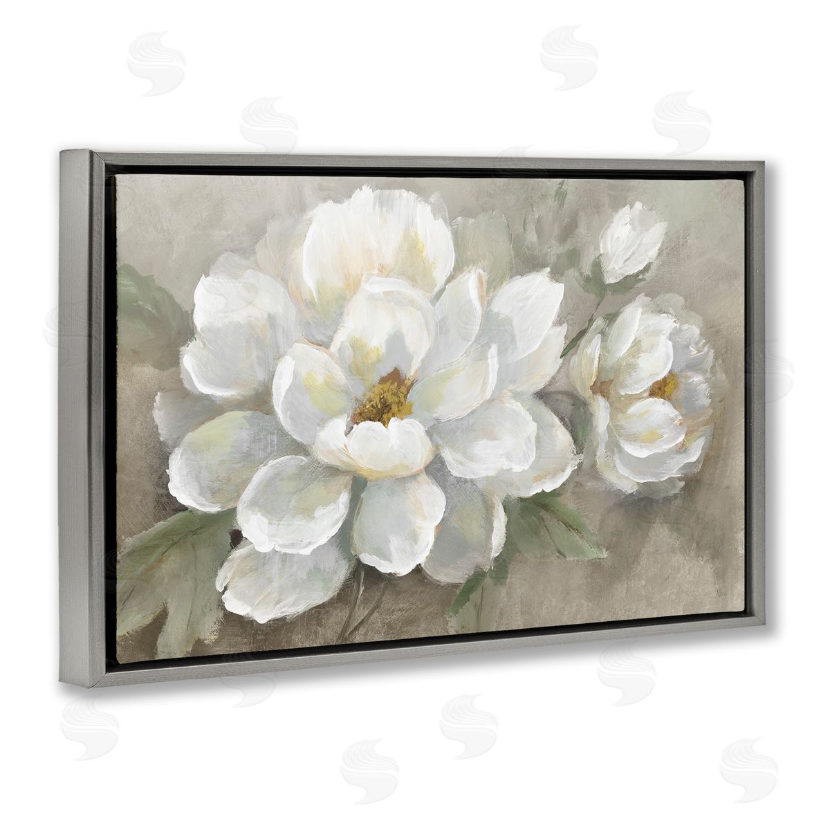 Blooming Magnolias on Beige Grey Floating Frame Canvas Wall Art, Home Decor by Nan
