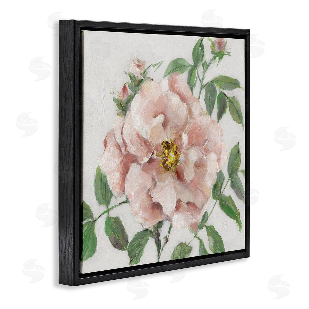 Traditional Single Pink Blossom Black Floating Frame Canvas Wall Art, Home Decor by Sally Swatland