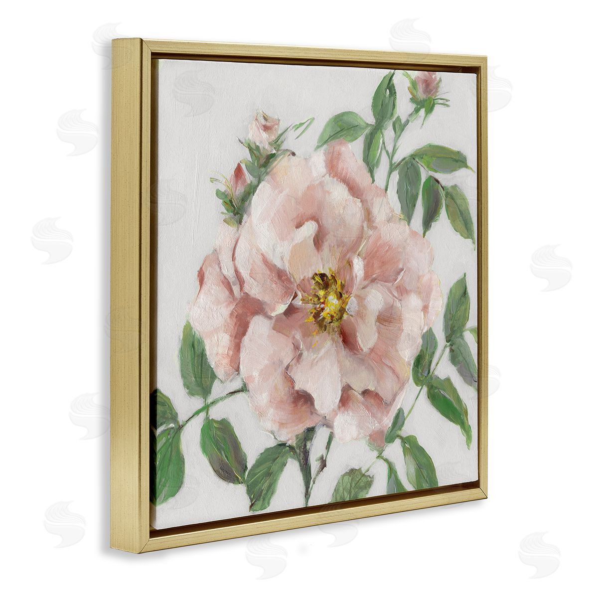 Traditional Single Pink Blossom Gold Floating Frame Canvas Wall Art, Home Decor by Sally Swatland