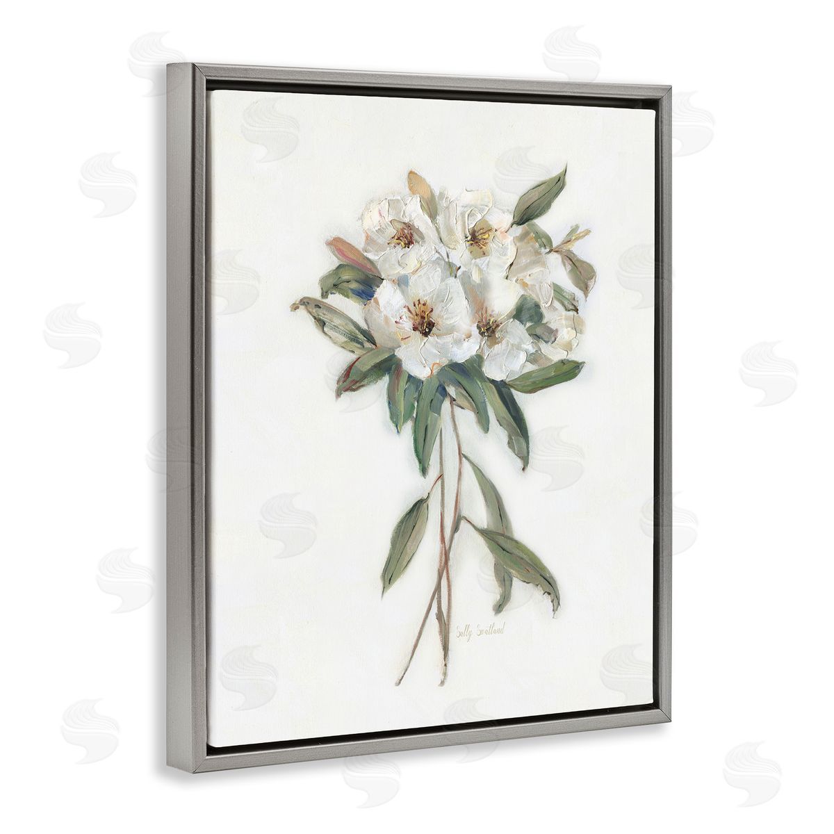 White Wildflower Bundle Grey Floating Frame Canvas Wall Art, Home Decor by Sally Swatland