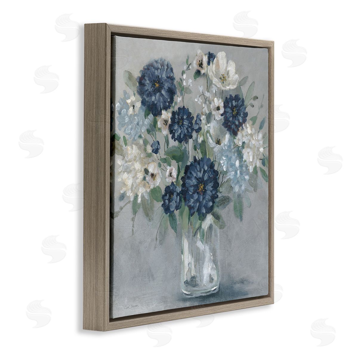 Blue Mums Mixed Bouquet Brown Floating Frame Canvas Wall Art, Home Decor by Carol Robinson