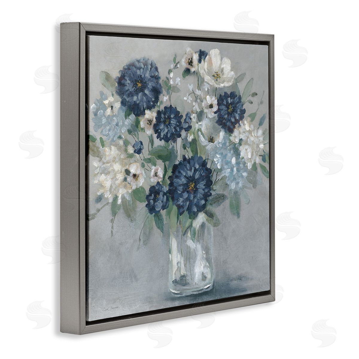 Blue Mums Mixed Bouquet Grey Floating Frame Canvas Wall Art, Home Decor by Carol Robinson