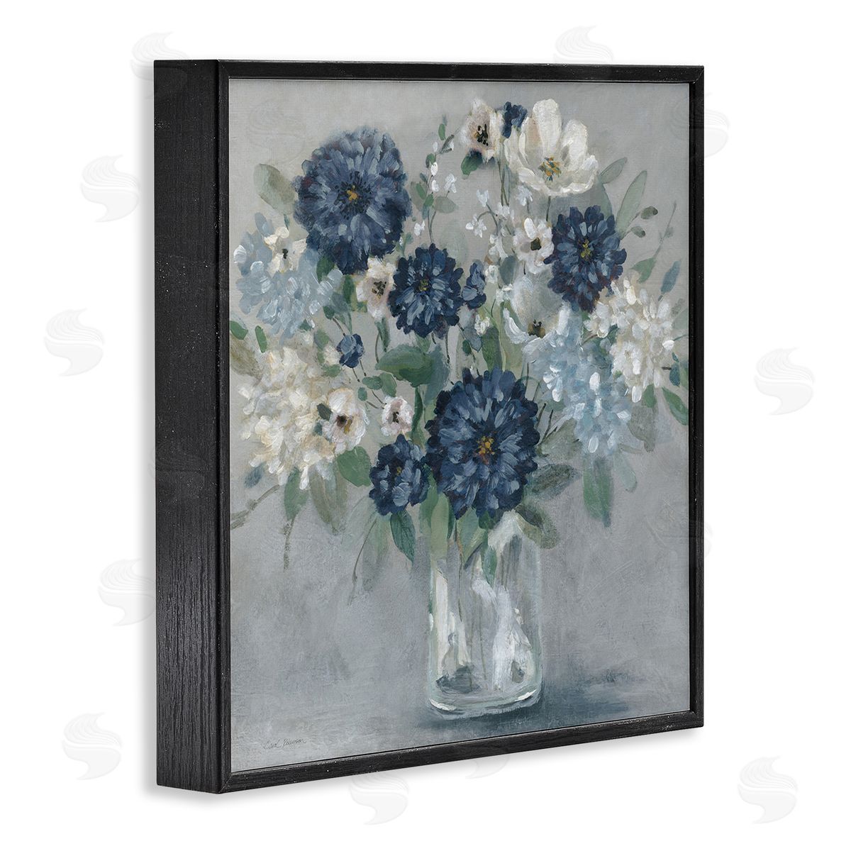 Blue Mums Mixed Bouquet Black Frame Print Wall Art, Home Decor by Carol Robinson