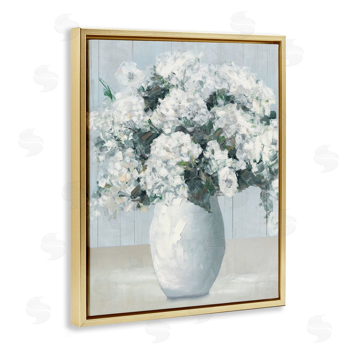 Timeless White Flower Vase Gold Floating Frame Canvas Wall Art, Home Decor by Sally Swatland