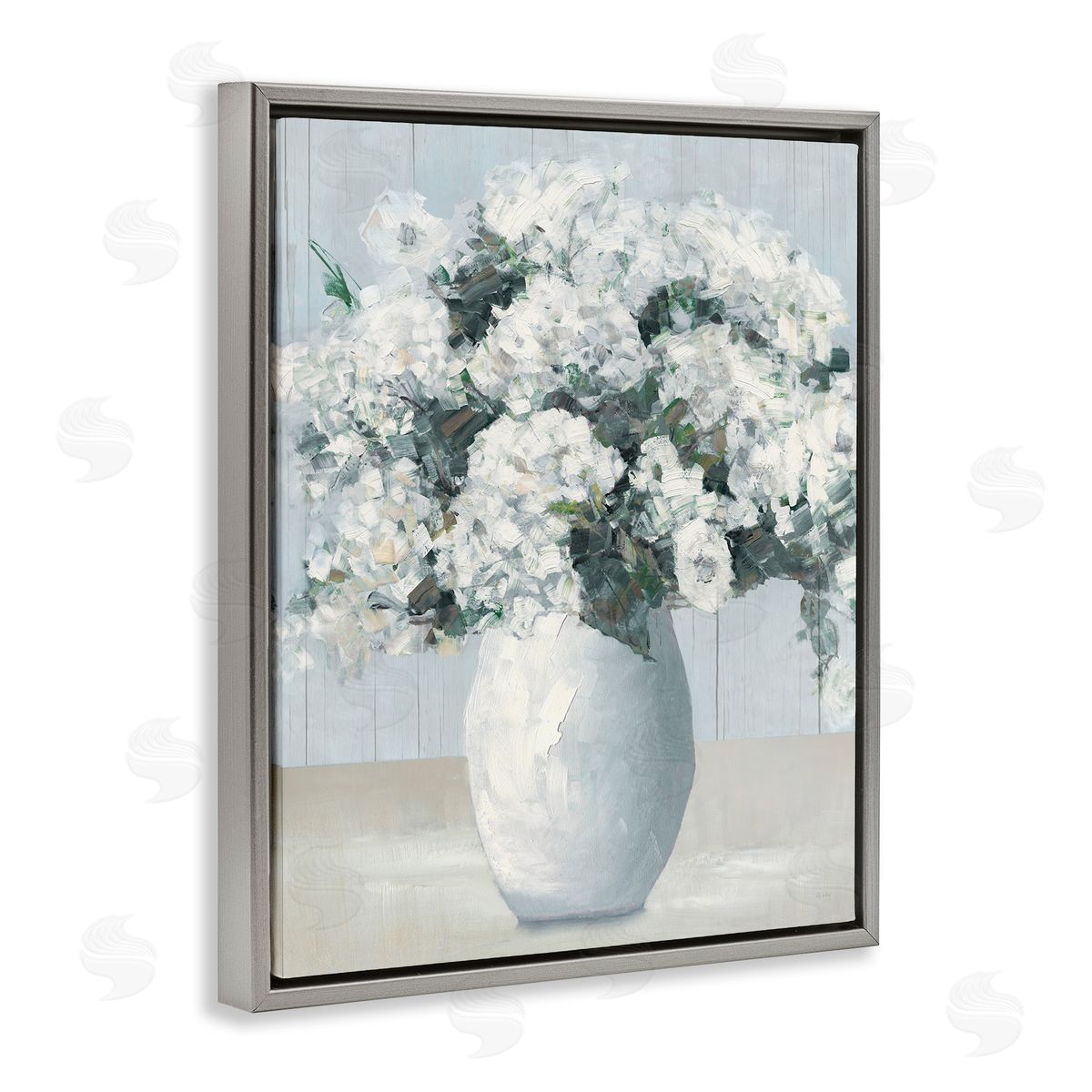Timeless White Flower Vase Grey Floating Frame Canvas Wall Art, Home Decor by Sally Swatland