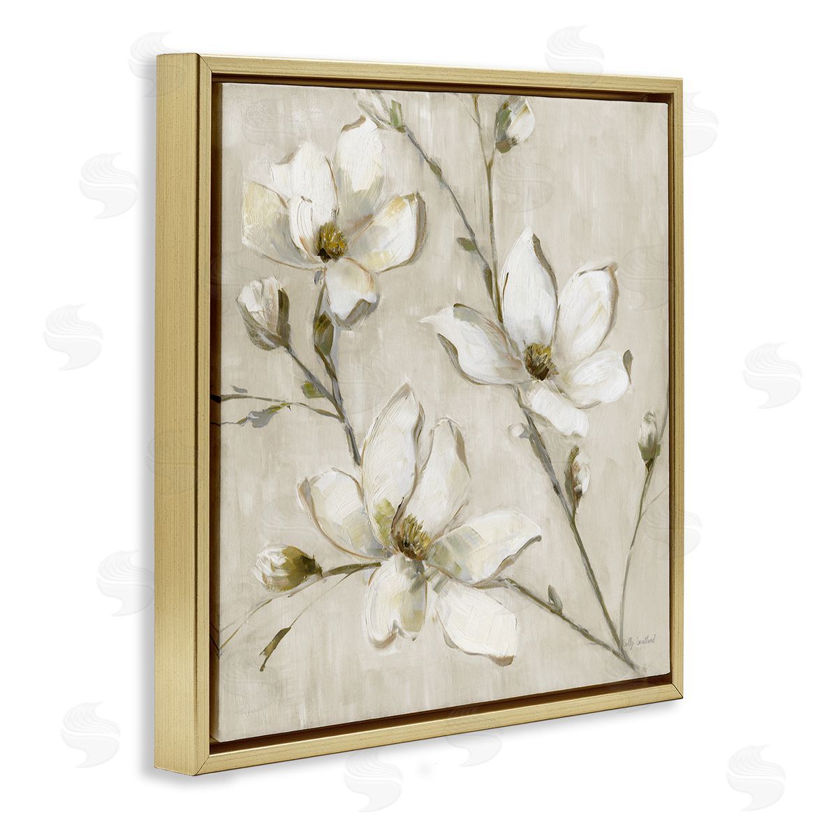 Neutral Dogwood Branches Gold Floating Frame Canvas Wall Art, Home Decor by Sally Swatland