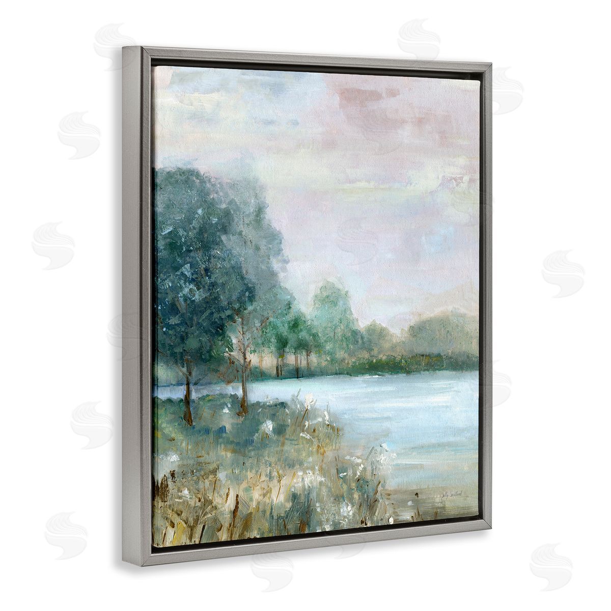 Serene Riverside View Grey Floating Frame Canvas Wall Art, Home Decor by Sally Swatland