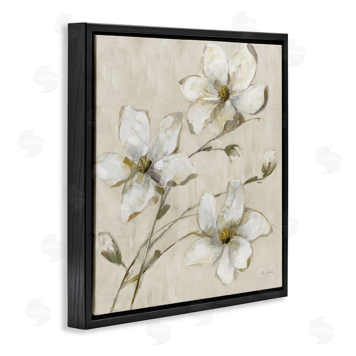 Neutral Tone Dogwood Flowers Black Floating Frame Canvas Wall Art, Home Decor by Sally Swatland
