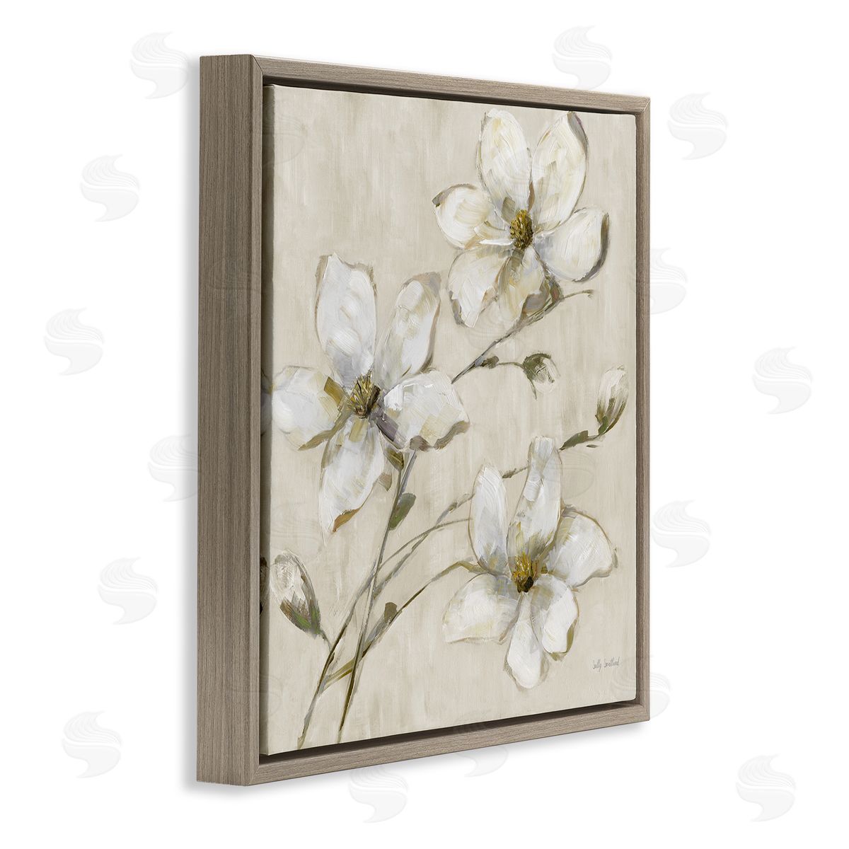 Neutral Tone Dogwood Flowers Brown Floating Frame Canvas Wall Art, Home Decor by Sally Swatland
