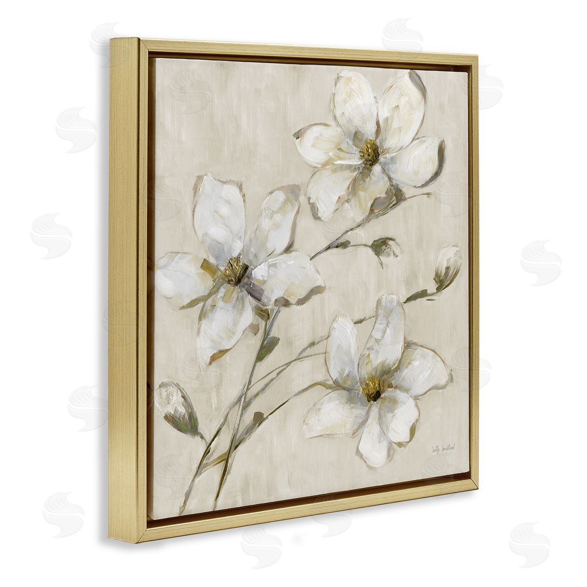 Neutral Tone Dogwood Flowers Gold Floating Frame Canvas Wall Art, Home Decor by Sally Swatland