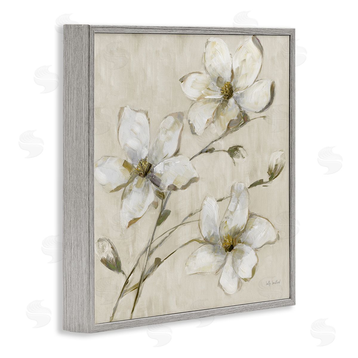 Neutral Tone Dogwood Flowers Grey Frame Print Wall Art, Home Decor by Sally Swatland